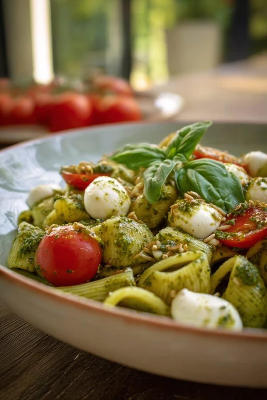 Salade de pâtes au pesto et mozzarella
