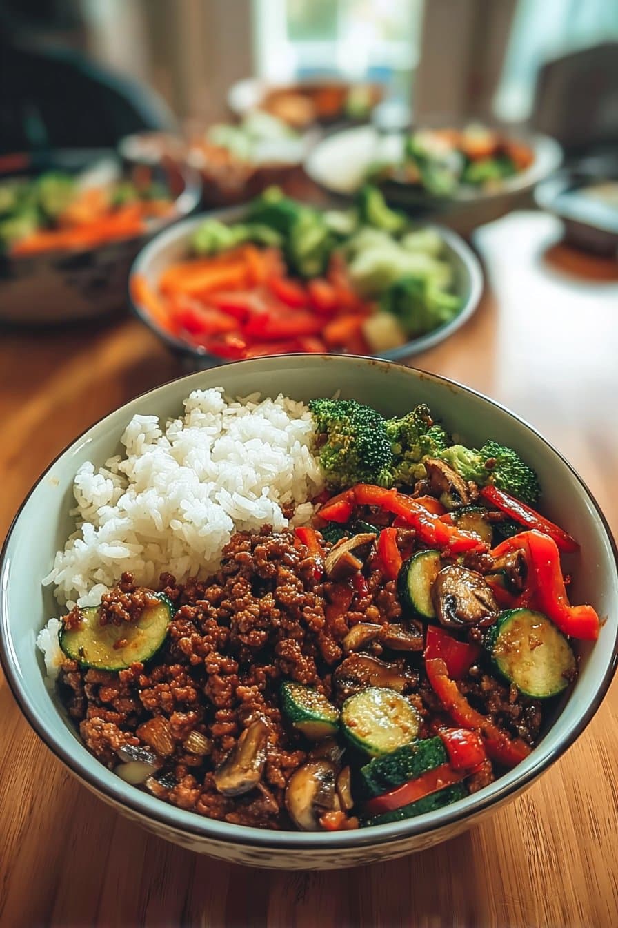 Bol de sauté de boeuf haché épicé avec légumes à l'ail et riz vapeur