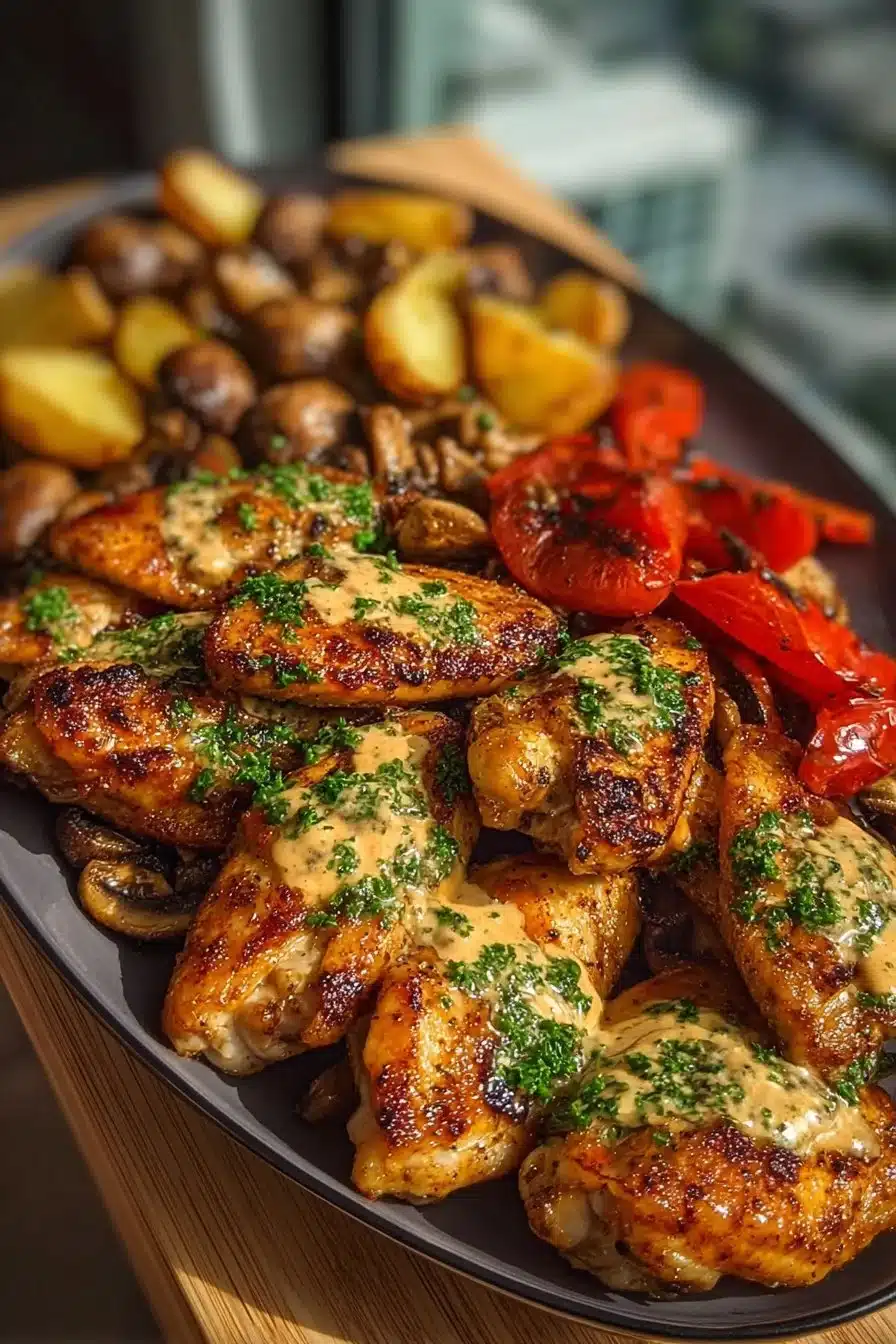 Ailes de poulet grillées servies avec des légumes frais