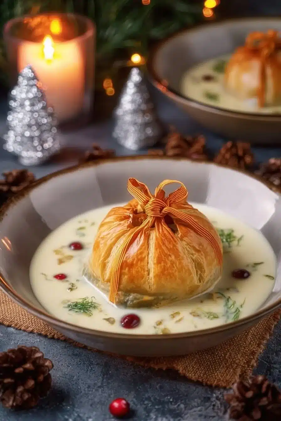 Aumônières de loup de mer servies avec garniture raffinée