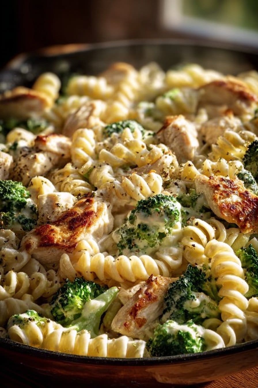 Pâtes crémeuses au poulet rôti et brocoli