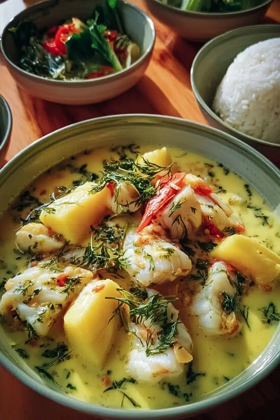 Blanquette de poisson coco servie avec des légumes frais