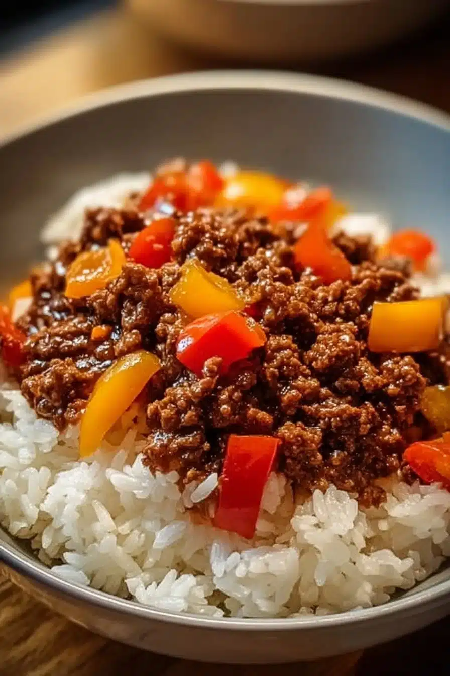 Bol composé de boeuf poivron et riz, un plat délicieux et coloré