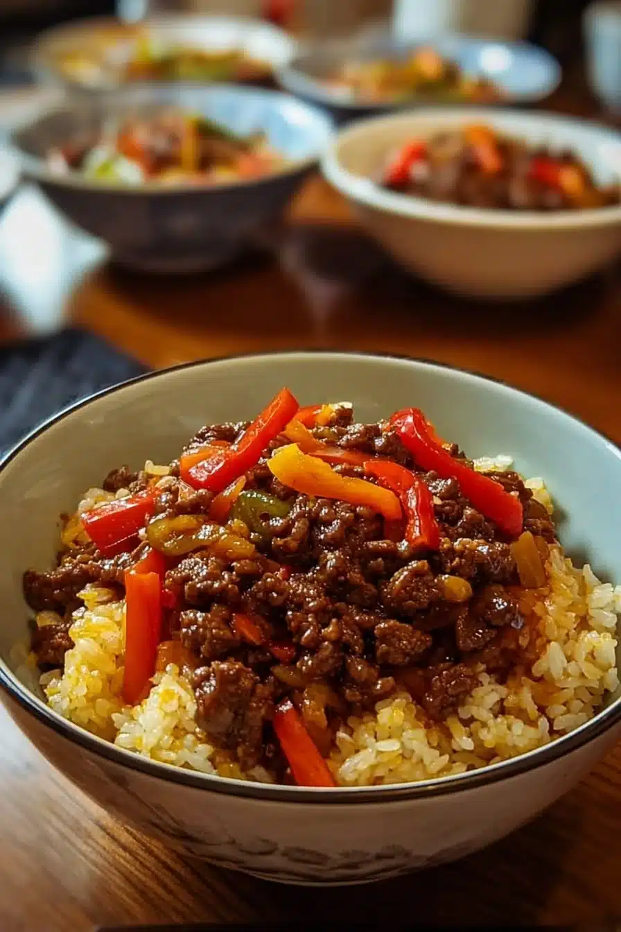 Bol de Boeuf Poivron Riz délicieux avec légumes colorés