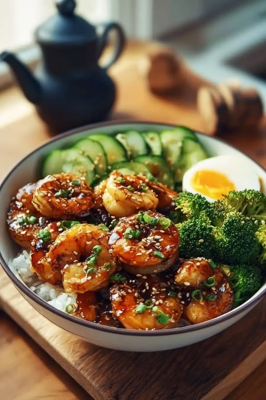 Bol de crevettes miel ail délicieux et appétissant, servi avec une garniture aromatique.