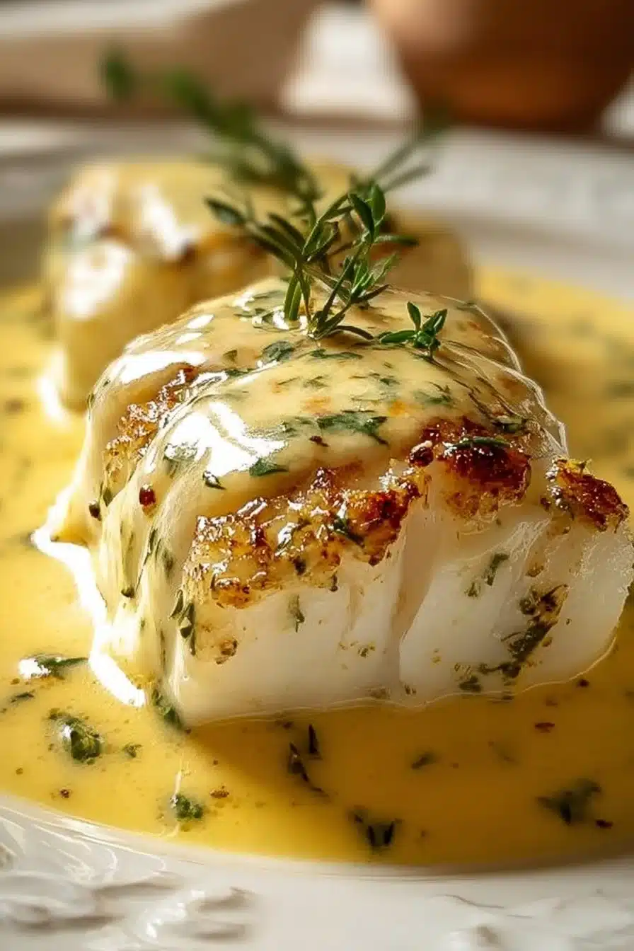 Cabillaud au four à la moutarde et crème citronnée, plat savoureux et facile à préparer.