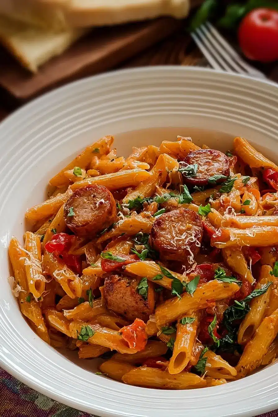 Pasta cajun avec saucisses, un plat savoureux et épicé.