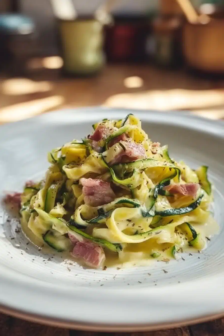 Plat de carbonara légère aux courgettes, savoureux et sain
