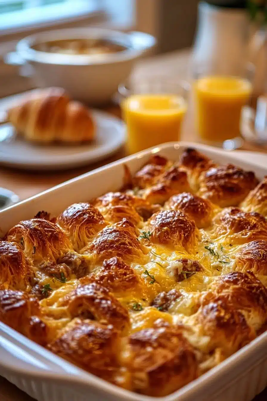 Casserole de croissants au petit-déjeuner servie avec fruits frais