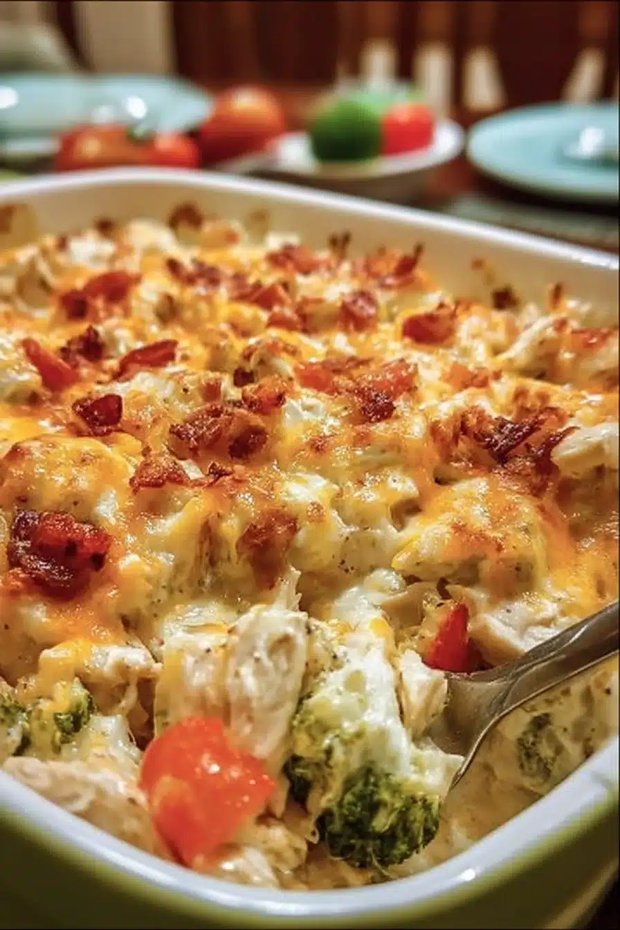 Casserole de poulet crémeuse low carb garnie de légumes frais et fromage