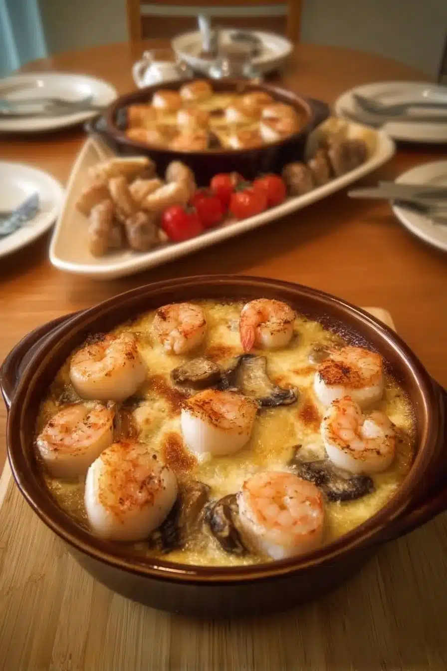 Cassolette de Saint-Jacques, crevettes et champignons servie dans un plat élégant.