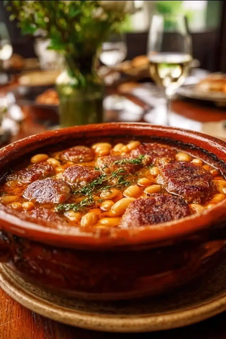 Cassoulet traditionnel réconfortant avec haricots, viandes et herbes.