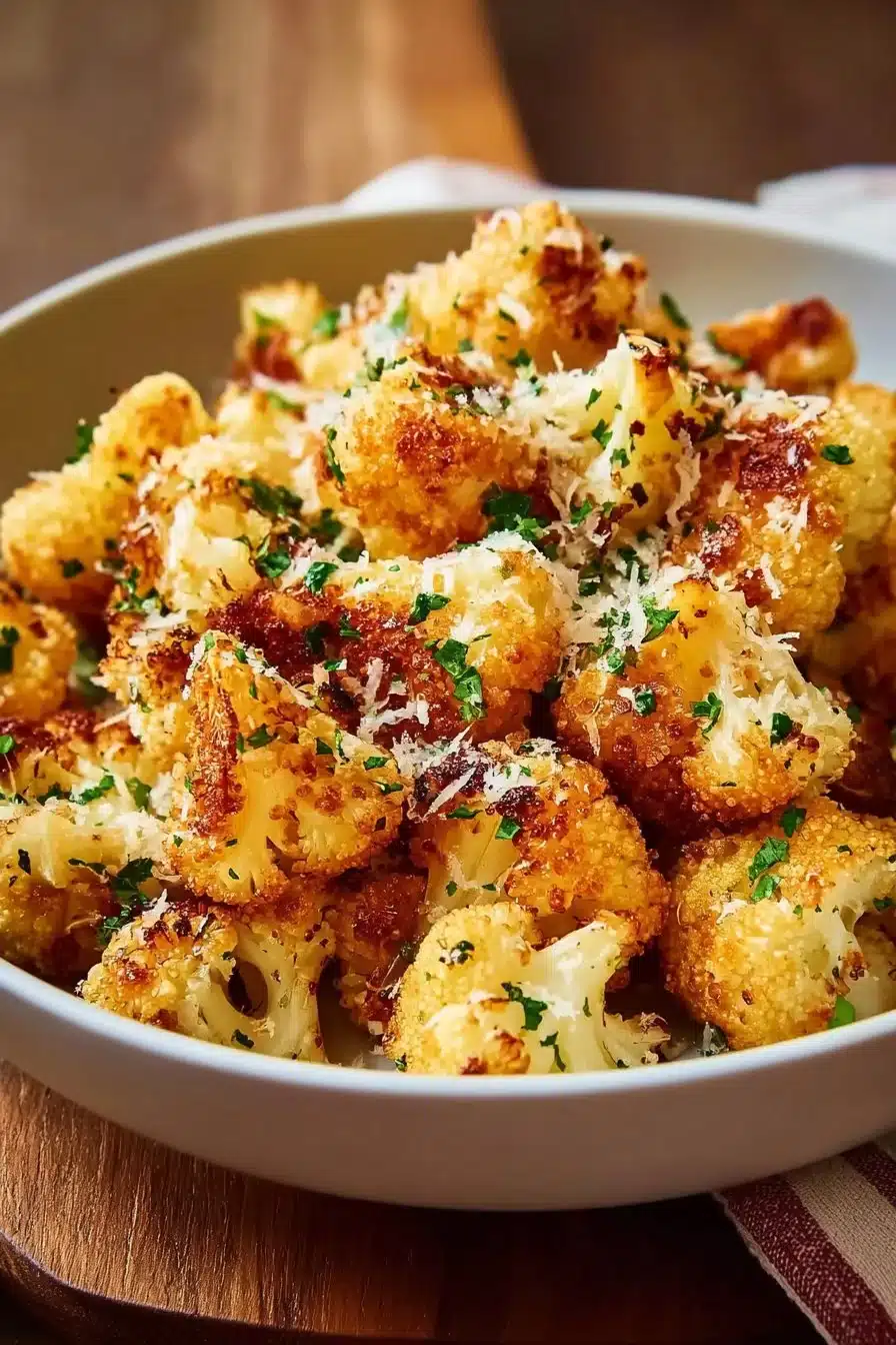 Recette de chou-fleur rôti croustillant au parmesan, plat savoureux et sain.