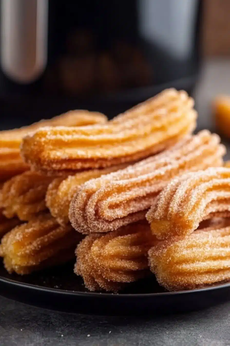 Churros faits maison croustillants à l'air libre, garnis de sucre et cannelle.