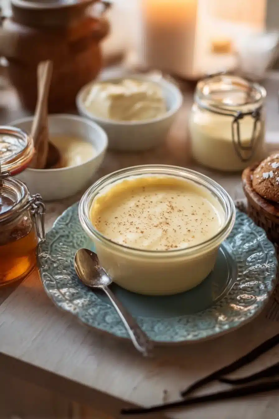 Bol de crème à la vanille onctueuse décoré de fruits frais
