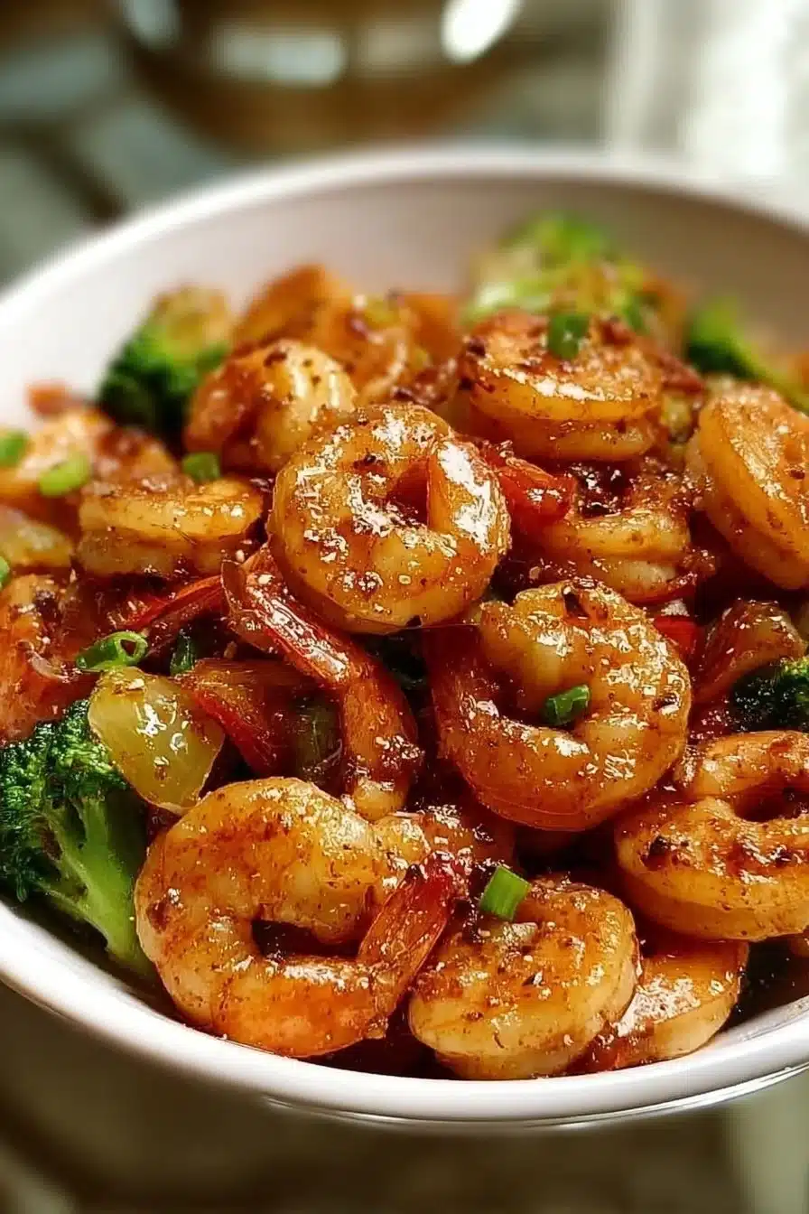 Crevettes miel ail protéinées servies avec des légumes frais