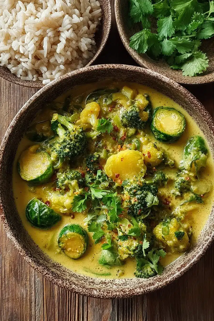 Curry de choux de Bruxelles et brocoli au lait de coco, plat végétarien délicieux.