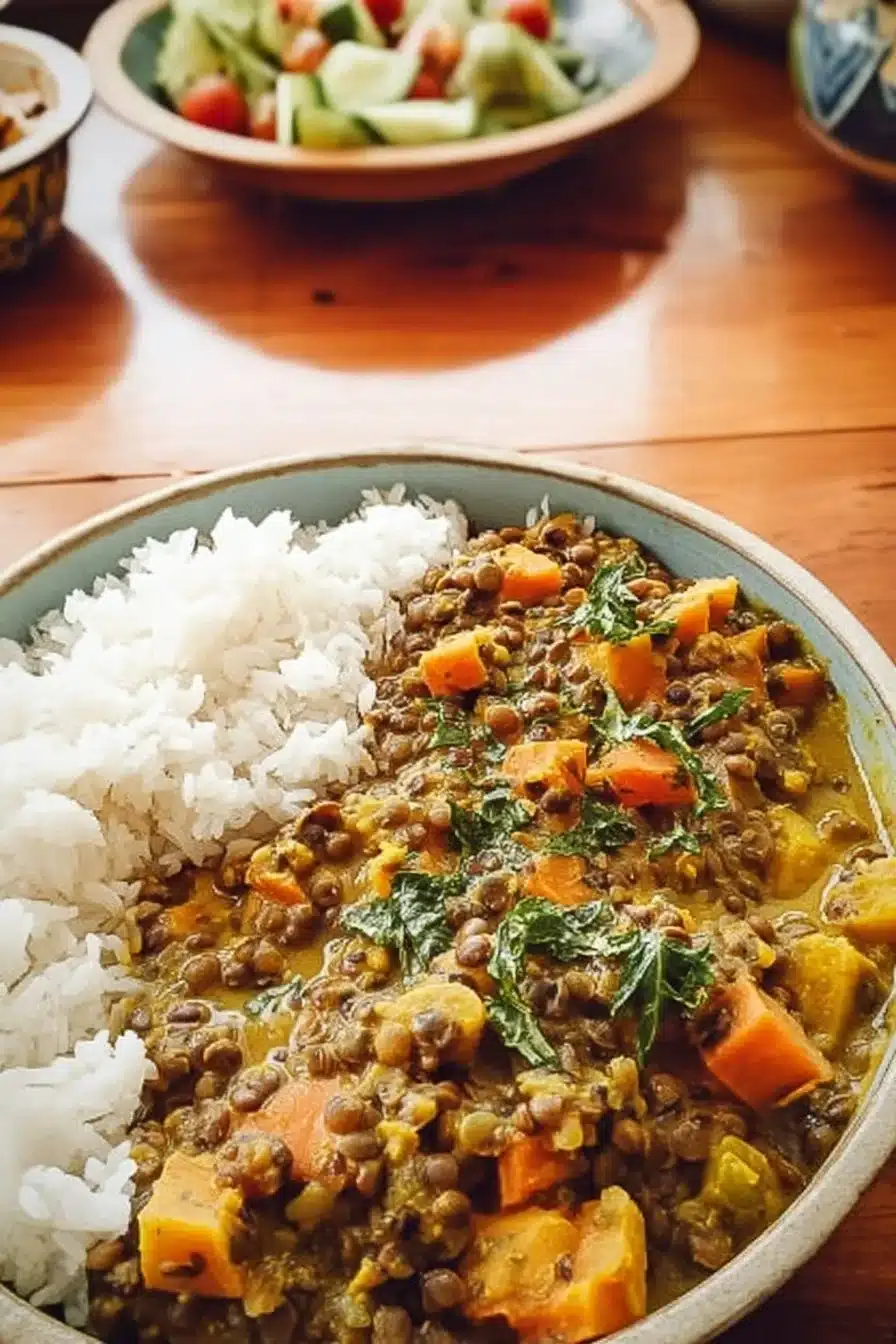 Curry de lentilles vertes et légumes dans un bol coloré