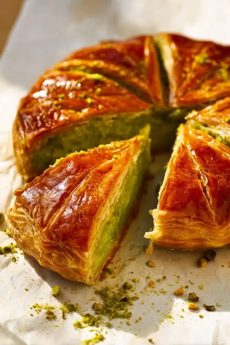 Galette des rois à la pistache, un dessert savoureux et traditionnel.