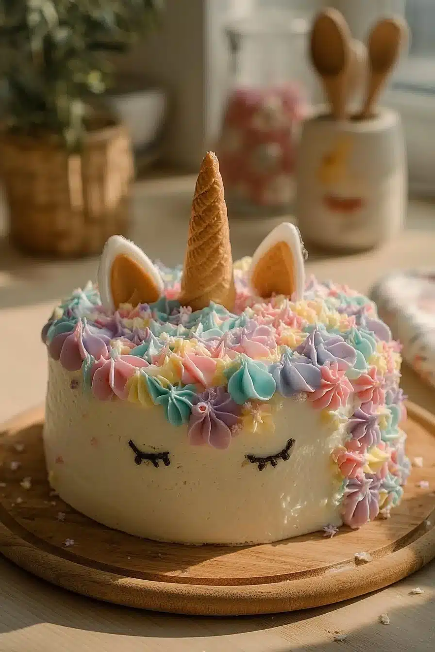 Gâteau licorne magique décoré avec des couleurs pastel et des éléments féériques