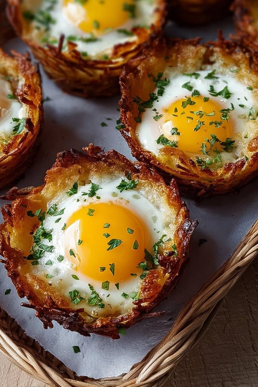 Oeufs dans des paniers de pommes de terre croustillants