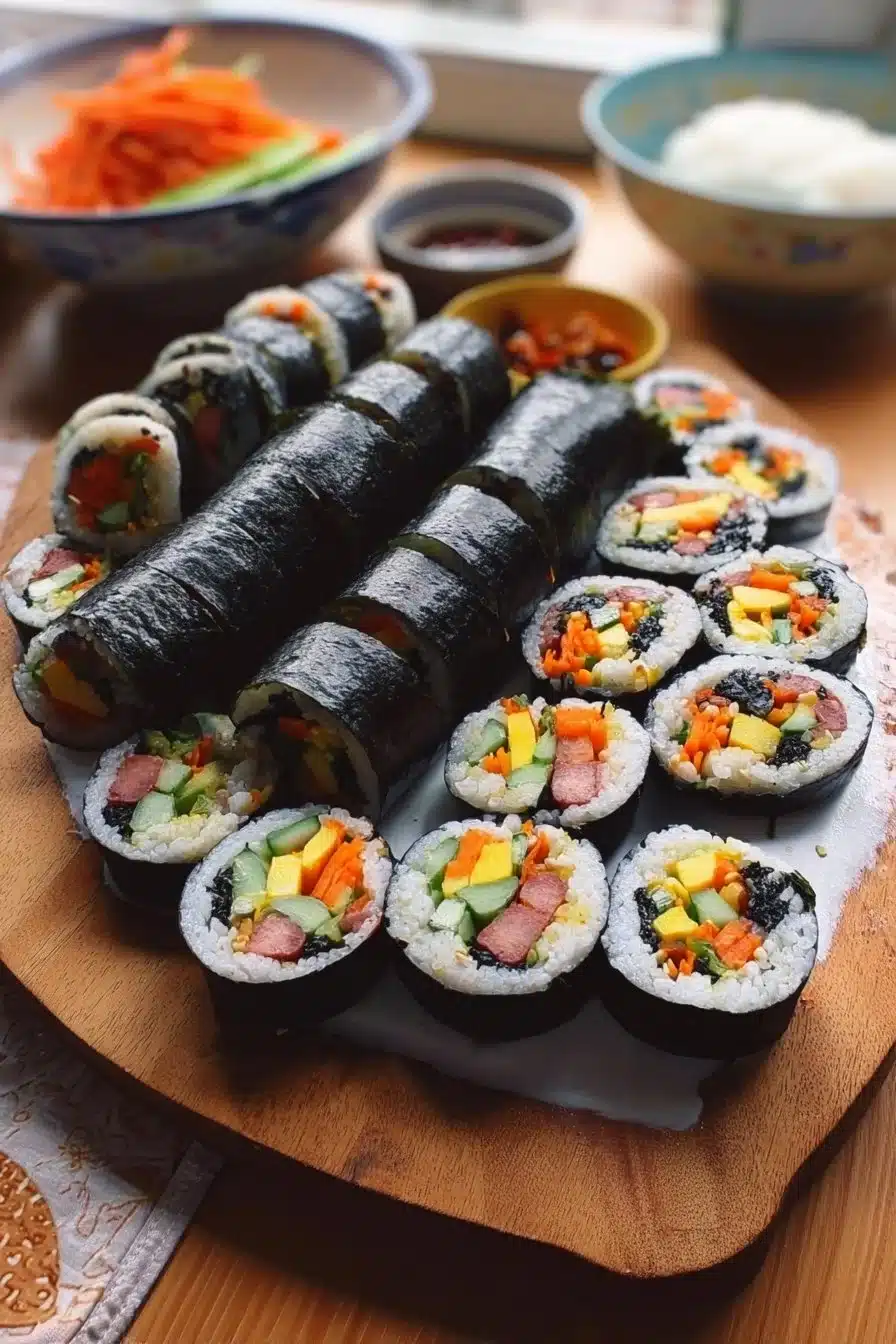Rouleaux de kimbap coréen faits maison garnis d'ingrédients frais et savoureux.