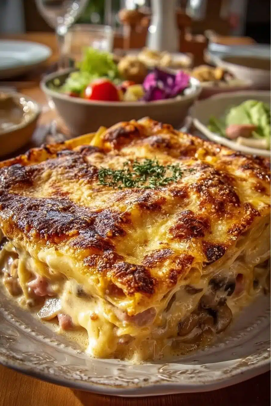 Recette de lasagnes aux champignons, poulet et fromage, un plat savoureux et convivial.