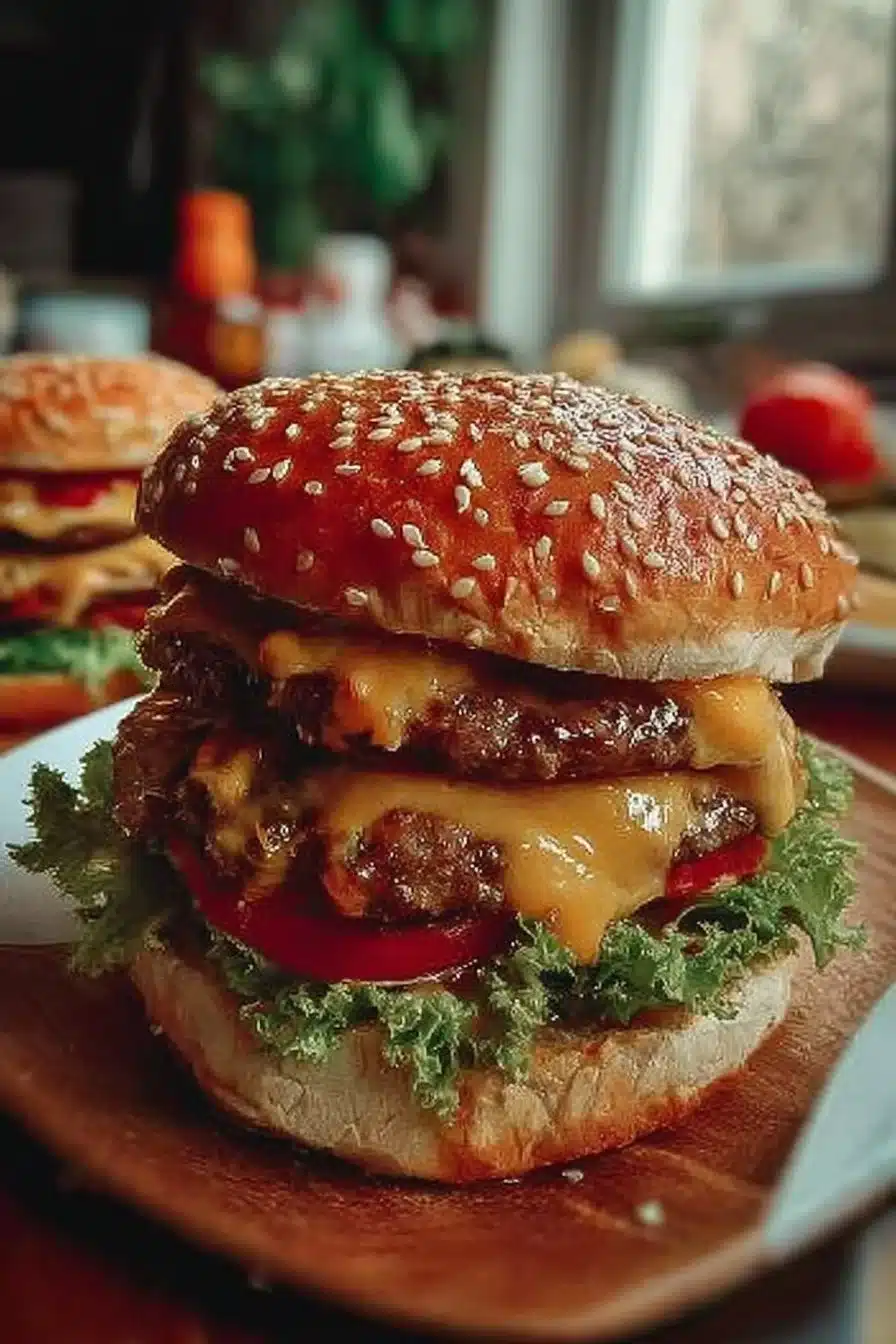 Burgers gourmands avec garnitures appétissantes de 'Les Burgers Craquent'.