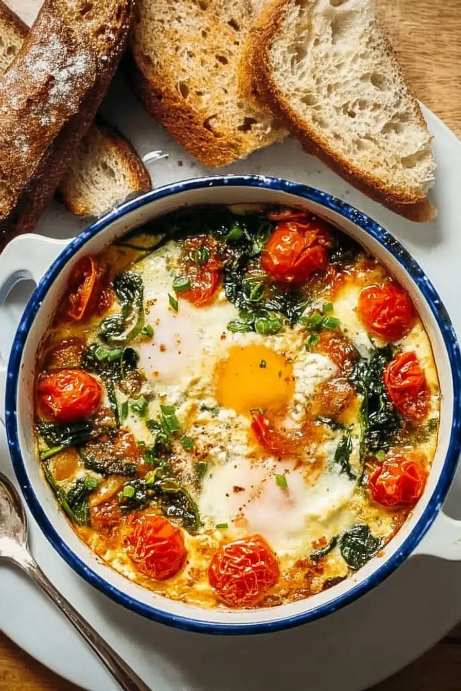 Œufs au four avec feta et épinards, plat savoureux et sain