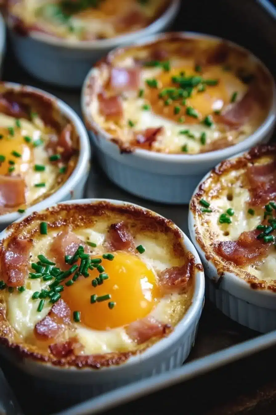 Plat savoureux d'œufs cocotte préparés au four avec crème et herbes.