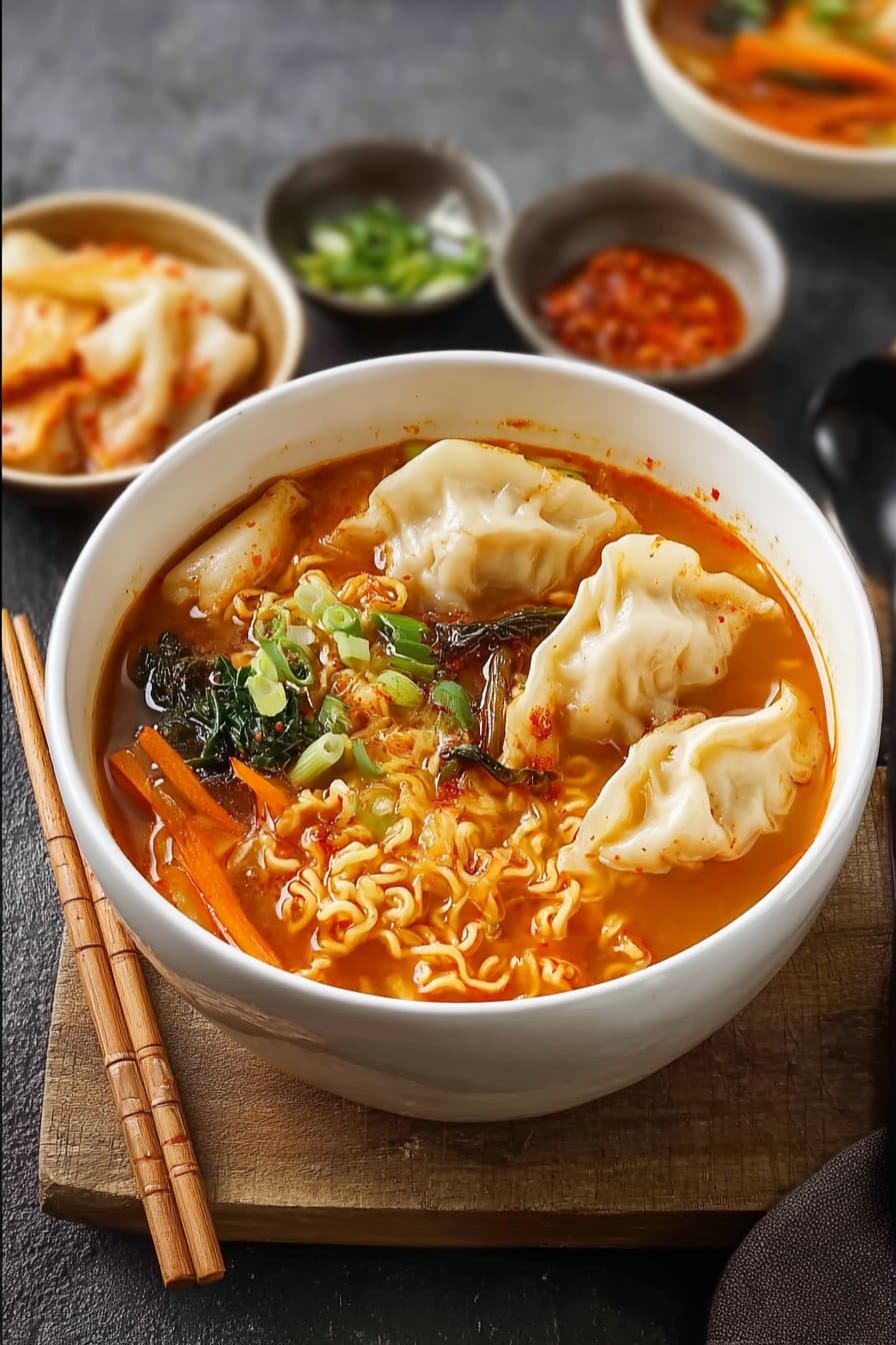 Kimchi Noodle Soup with Dumplings