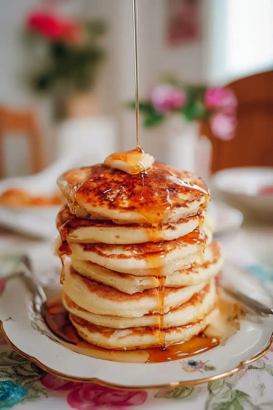 Pancakes américains moelleux garnis de sirop d'érable et de fruits frais.
