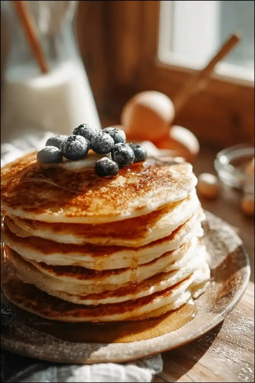 Pancakes ultra moelleux présentés sur une assiette avec des fruits frais.