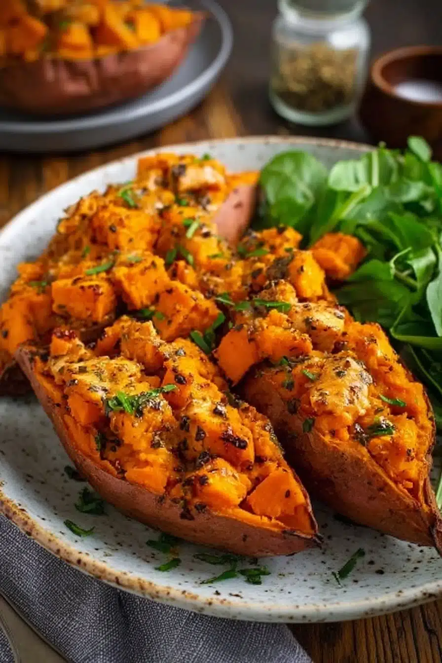 Patate douce farcie au poulet, un plat délicieux et nutritif préparé avec des ingrédients frais.