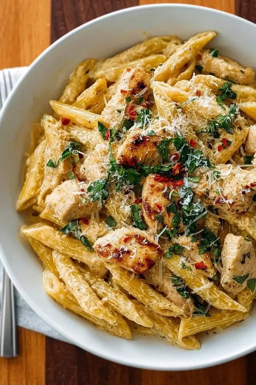 Pâtes poulet crémeuses à l'ail et parmesan servies dans une assiette