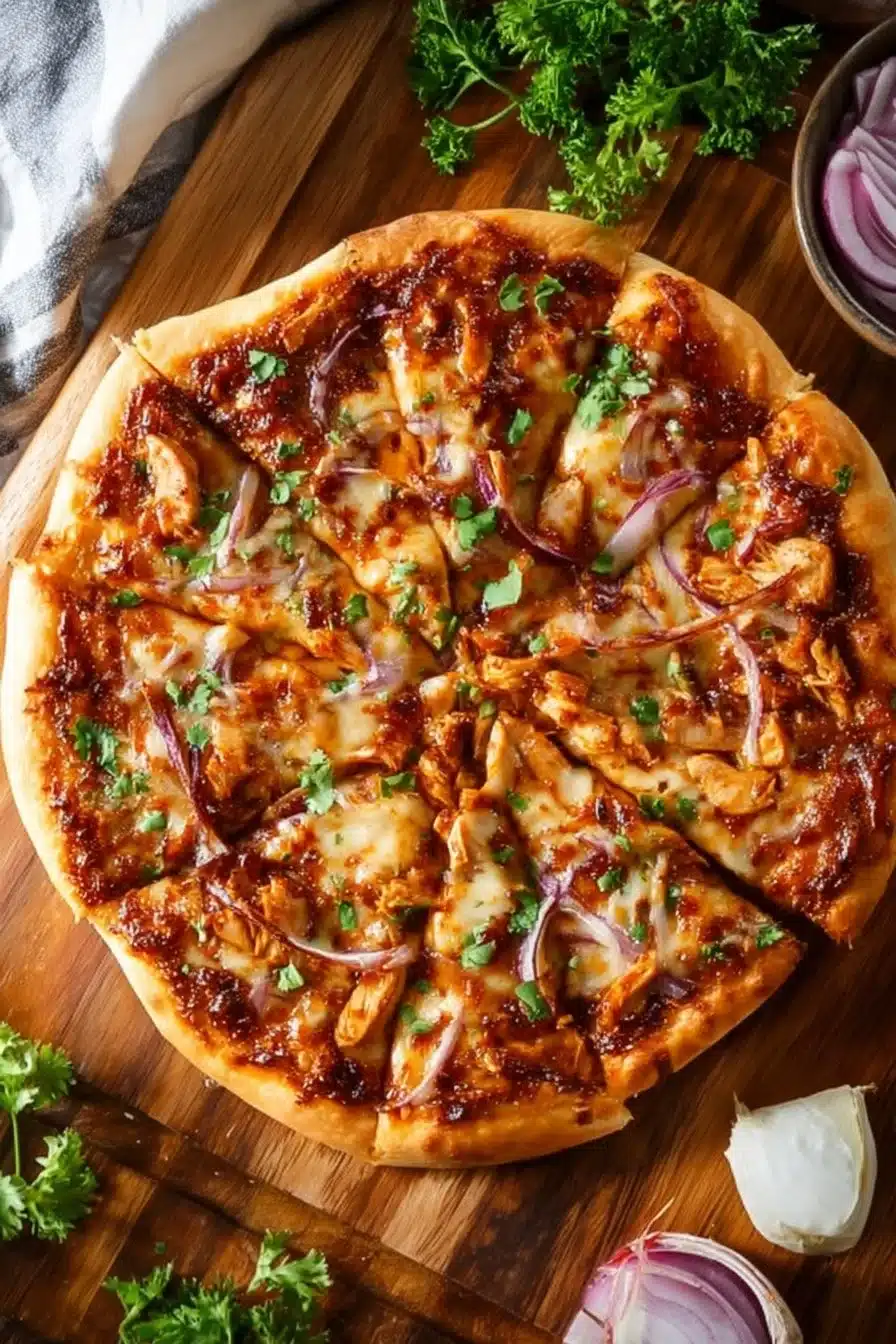 Pizza au poulet BBQ avec sauce barbecue et fromage fondu