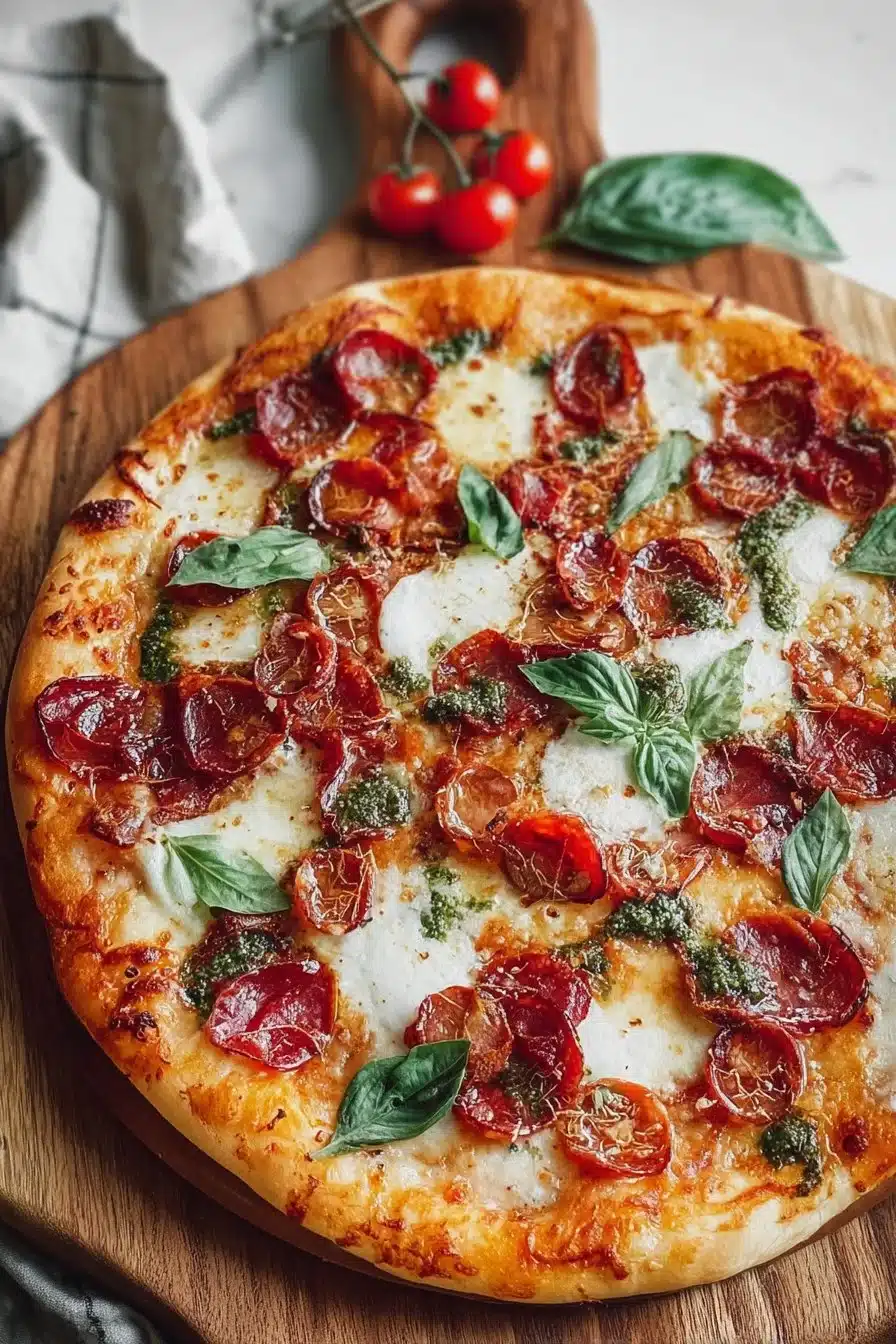 Pizza au Poulet avec Burrata et Pesto, plat savoureux et coloré
