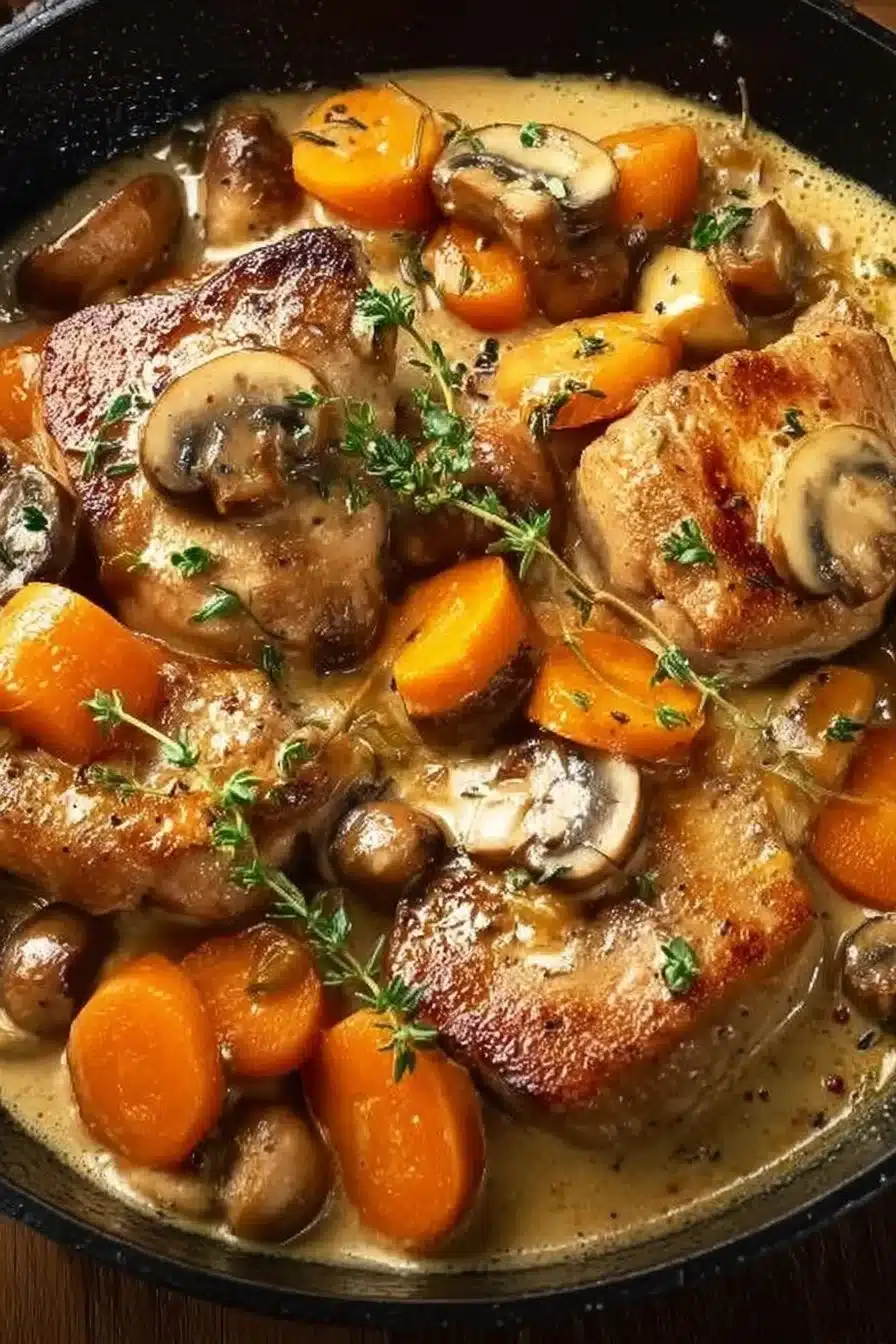 Poêlée crémeuse de bœuf aux champignons et carottes, plat savoureux