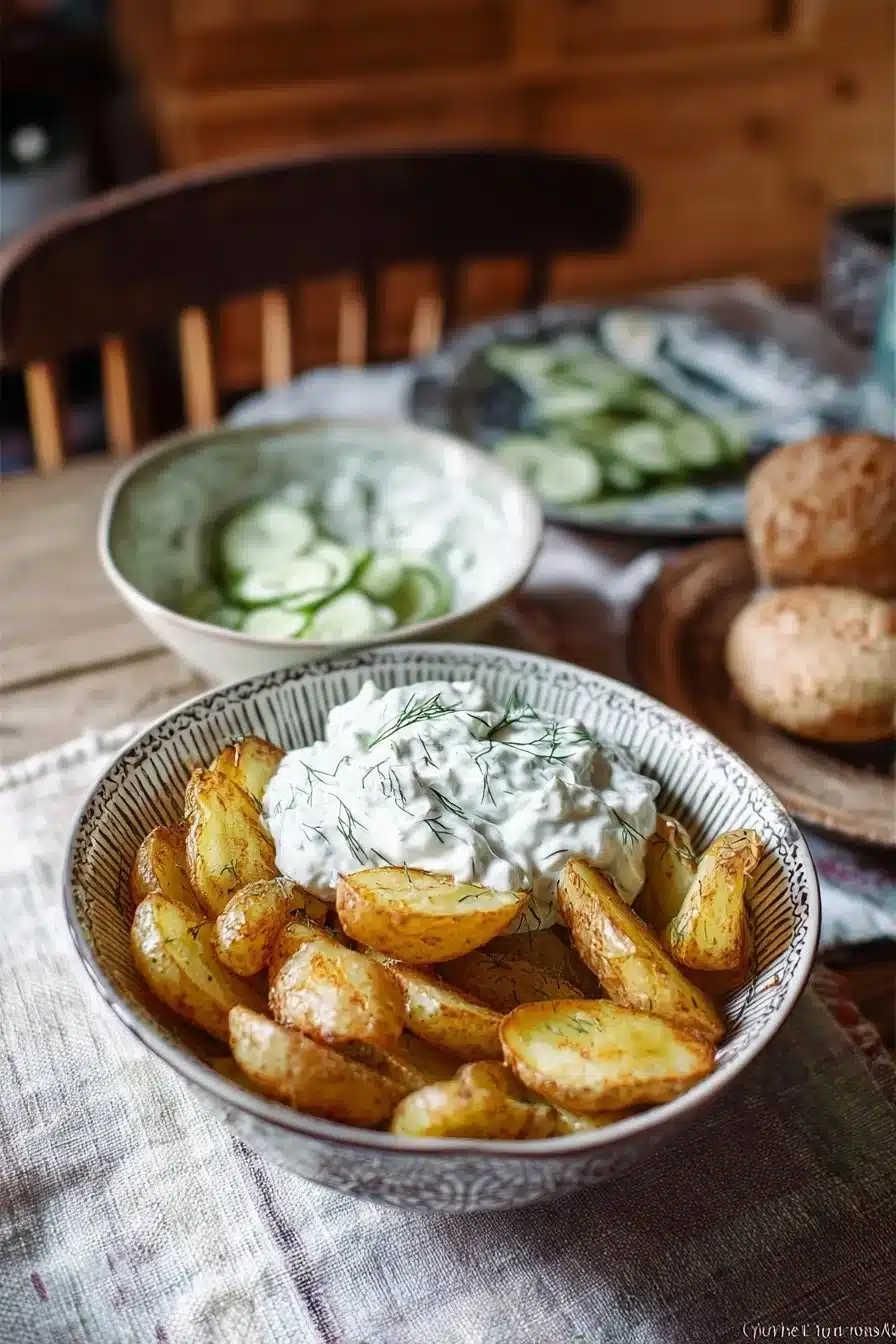 Pommes de terre avec dip de concombre dans un plat coloré