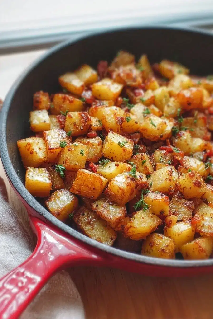 Pommes de terre croustillantes servies au petit-déjeuner, délicieuses et dorées.