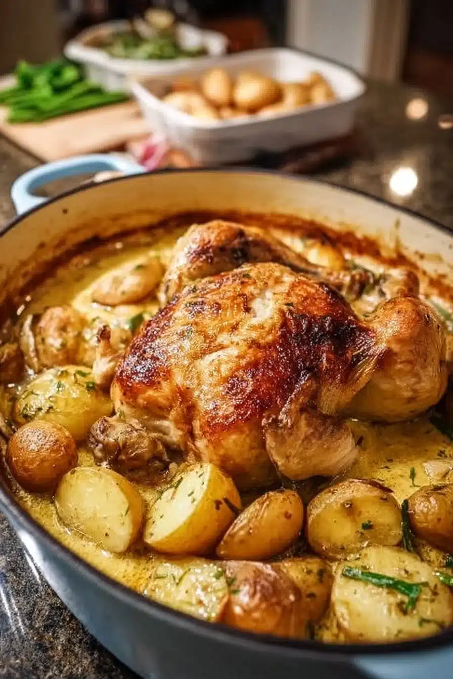 Un plat de Poulet à la Normande avec des pommes et de la crème, prêt à déguster.