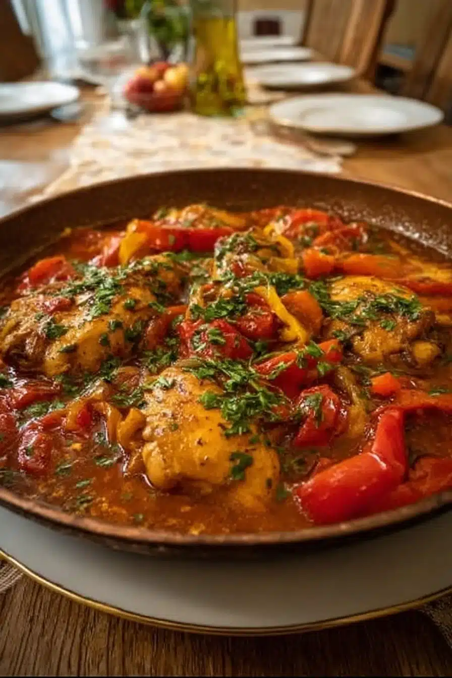 Plat de Poulet Basquaise avec légumes colorés et herbes aromatiques
