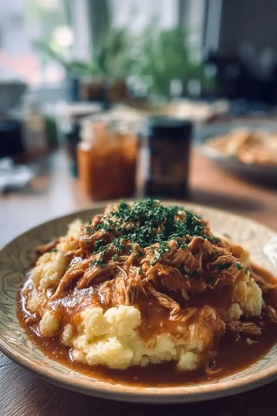 Purée crémeuse avec poulet effiloché, un plat délicieux et réconfortant
