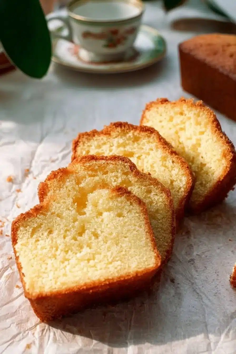 Gâteau quatre-quarts moelleux à la texture légère et spongieuse.