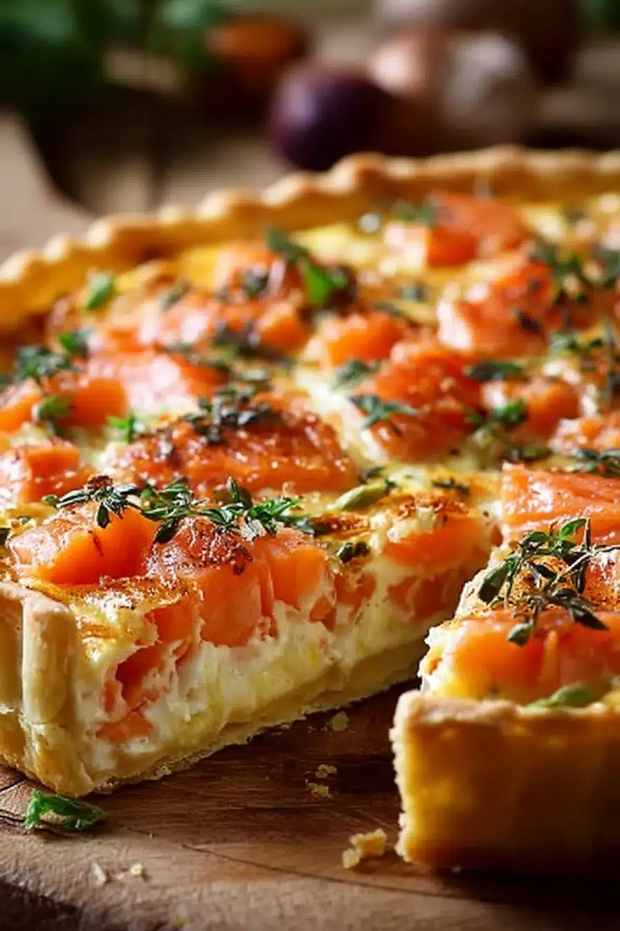 Quiche au saumon et Boursin fraîchement cuite, servie en tranches appétissantes.