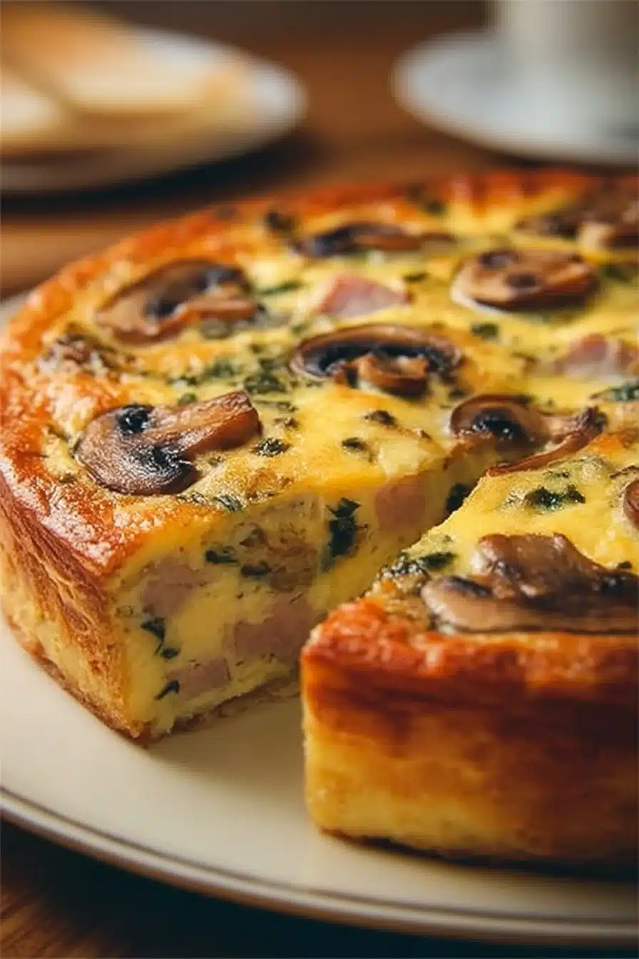 Quiche sans pâte au thon et champignons servie dans un plat en céramique