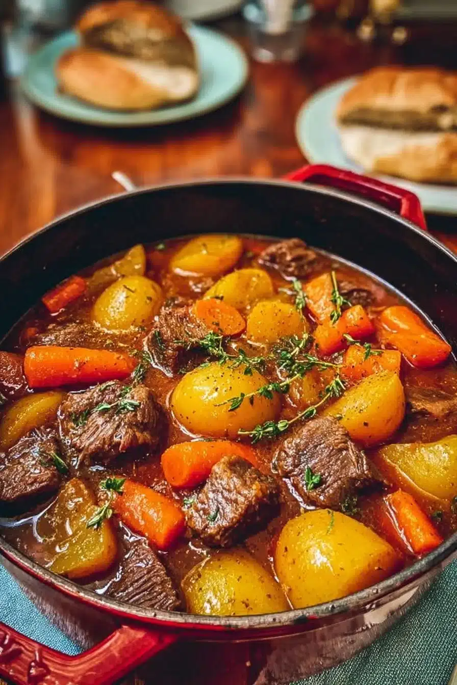 Ragoût de bœuf copieux servi dans un plat en céramique, garni de légumes frais.
