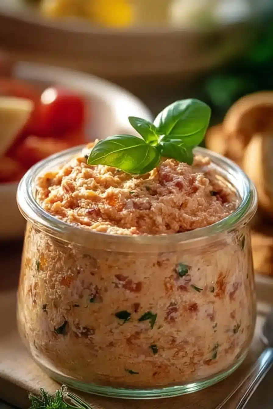 Rillettes crémeuses aux herbes fraîches servies dans un bol.