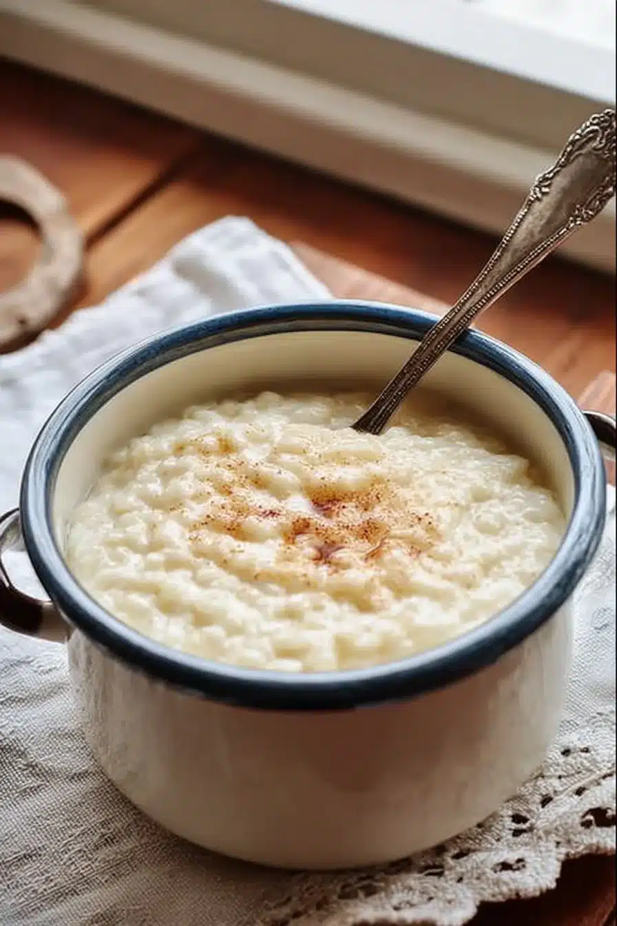 Riz au lait crémeux garni de caramel et de cannelle, un dessert traditionnel Français.