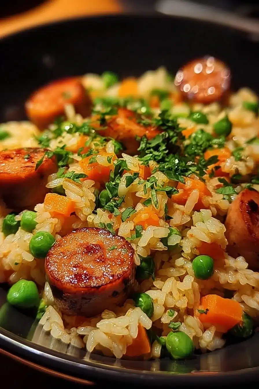 Riz aux saucisses et petits pois dans un plat coloré